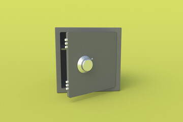 Open empty black safe for cash or documents on yellow background. Save money and investments. Bank loan or deposit. 3d rendering