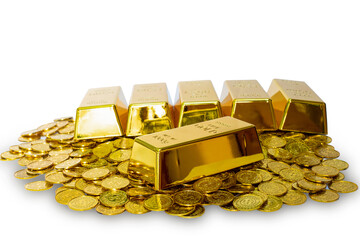 Gold bar 1 kg on the lot of stack gold coin with clipping path