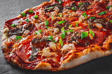 Pizza with Mozzarella cheese, salami, chicken meat, beef, ham, Tomato sauce, pepper, spices. Italian pizza on Dark grey black slate background