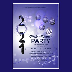 Fototapeta na wymiar Vector illustration of New Year 2021 party invitation poster with beautiful bokeh background, New year DJ party poster , flyer, big party, free drinks & food, dj night, disco night