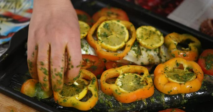 preparing the baked The rainbow trout dish, Cooking a salmonid trout dish 