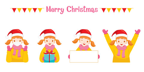Merry Christmas, Girl In Winter Coat With Various Actions