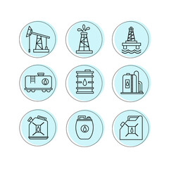 Set of icons for the oil industry. Oil wells, tanks, barrels, canisters. Vector Design Template.Detailed icons for oil and petroleum products can be used on labels