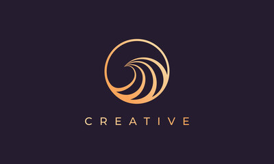 Elegant gold line logo design with simple and modern shape of ocean wave in a circle