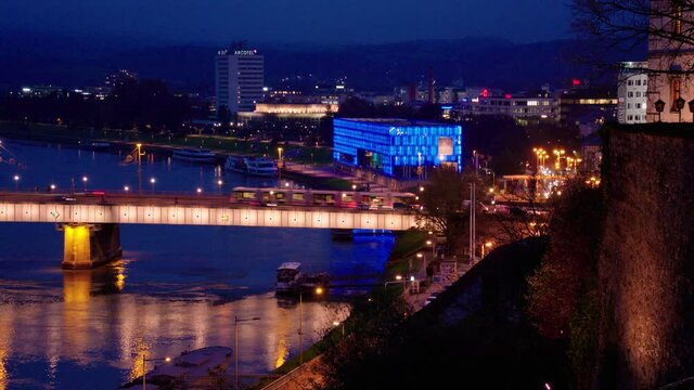 Linz night timelapse with Danube river and Nibelungen bridge