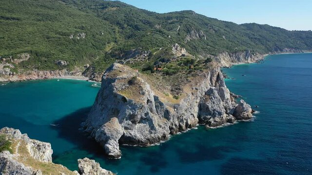 Aerial drone video from abandoned magnificent old castle of "Kastro" with great views to Aegean deep blue sea, Skiathos island, Sporades, Greece