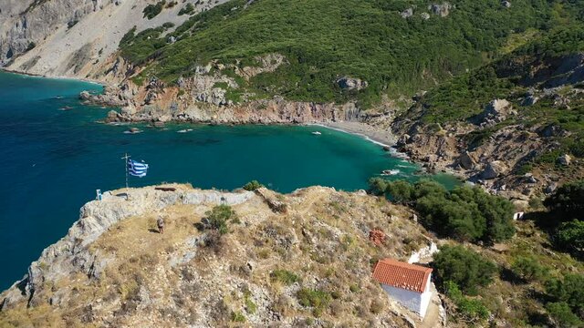 Aerial drone video from abandoned magnificent old castle of "Kastro" with great views to Aegean deep blue sea, Skiathos island, Sporades, Greece