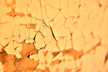 Peeling white painted wall with cracks at sunset