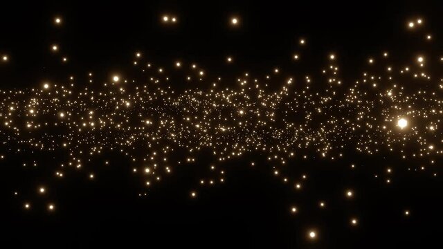 Beautiful gold particles flare on black background. 3d animation of dynamic particles. 4K video animation