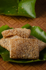 Soft sesame snacks. Roasted sesame seeds bar in sweet honey or caramel.