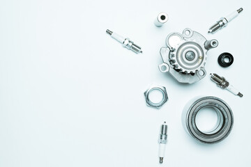 Car service. Auto motor mechanic spare or automotive piece on white background. Set of new metal...