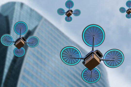 Concept futuristic business,industry air transport technology vehicle for logistic,control by remote artificial intelligence,delivery flying drone package cardboard box,to customer service,3d render
