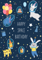 Space Birthday party greeting card template with cute animals in spacesuits. Anniversary cosmic poster or invitation for kids. Bright holiday illustration on dark background with stars..