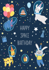 Space Birthday party greeting card template with cute animals in spacesuits. Anniversary cosmic poster or invitation for kids. Bright holiday illustration on dark background with stars.. © Lexi Claus
