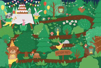 Vector Birthday party forest background with cute animals, leaves, trees, mushrooms. Funny holiday woodland scene with bear, rabbit, raccoon and plants. Flat illustration for children with cake..