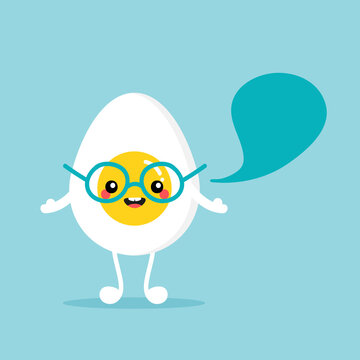 Cute cartoon style boiled egg character in glasses with speech bubble, talking, giving advice or information. 