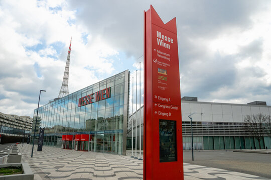 Vienna, Austria - March 2020: Messe Wien architecture - Vienna exhibition center known as Trade Fair of Vienna is the biggest trade fair in Austria.