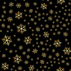 Golden Christmas snowflakes on a black background. Seamless pattern for New Year and Christmas designs.