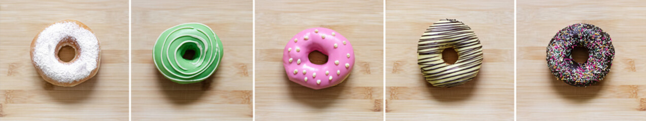 Top view panoramic collage of different donuts on wooden table.