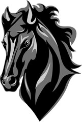 Horse, portrait, white, black, vector, graphics, drawing, picture, stylization, image, isolated, illustration, gray, shades