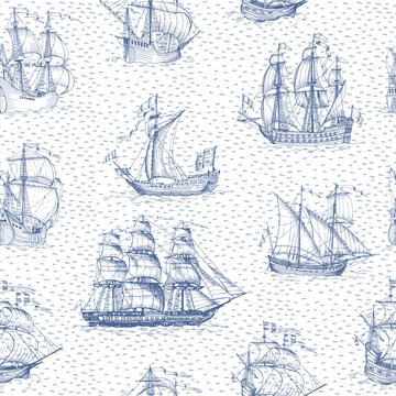Old caravel, vintage sailboat. Hand drawn vector sketch. Detail of the old geographical maps of sea. Vector seamless pattern © Shalyapina