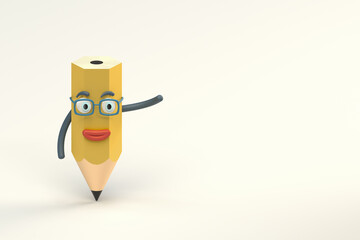 Cartoon pencil character with white background, 3d rendering.