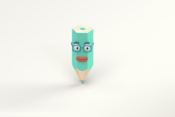 Cartoon pencil character with white background, 3d rendering.