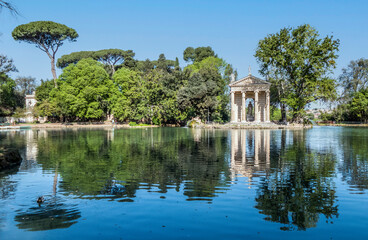 Fototapeta na wymiar Small lake with trees reflecting in the water in Villa Borghese park