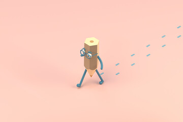 Cartoon pencil character with footprint on the floor, 3d rendering.