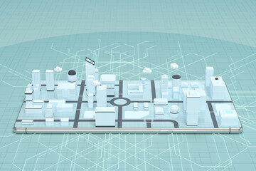 3d city on the mobile phone screen, 3d rendering.
