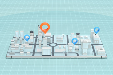 3d city on the mobile phone with location pins, 3d rendering.