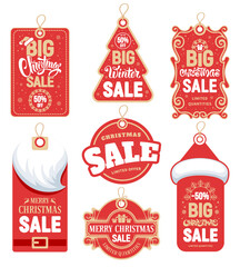 Festive tags set for Christmas sale. Decorated with calligraphy lettering and holiday graphic elements. Vector illustration.