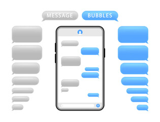 Smartphone with message bubbles. Speech bubbles for chat. Phone chat screen and text sms. Messenger interface. Vector.