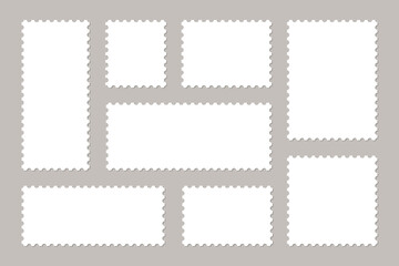 Set of blank postage stamps. Frames of postage stamps for mail envelopes. Vector.