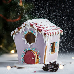 A beautiful colored gingerbread house decorated with glaze with caramel windows on a blue background. New Year's gift for 