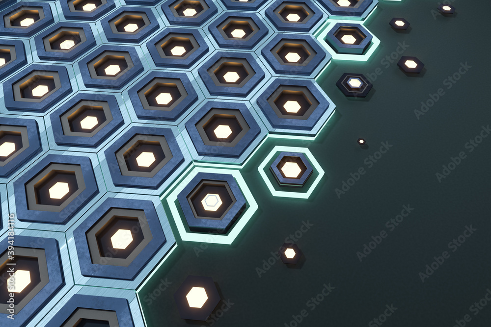 Sticker Metal hexagon background, sci-fi pattern, 3d rendering.