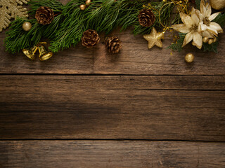 Christmas decorations on rustic wood background