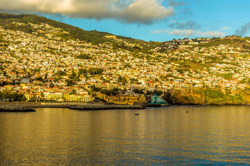 A close up of the city of Funchal, Madeira bathed in the golden evening light