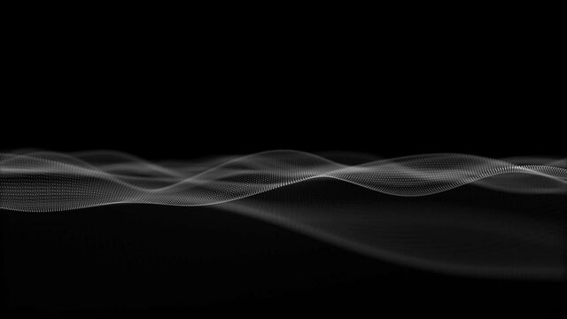 Abstract black and white dots in motion waves movement. Animation with particle wave in slow motion.  Seamless looping.
