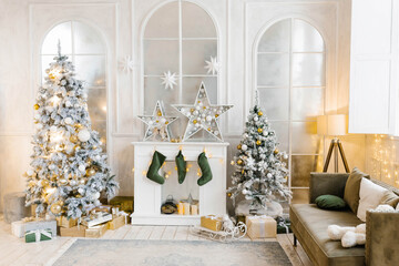 Bright cozy living room with a large elegant Christmas tree, decorated for Christmas