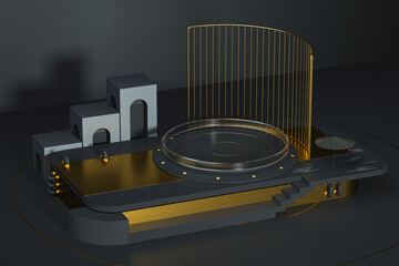 Round product stage with golden decoration, 3d rendering.