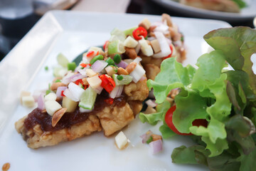 grilled bass, grilled fish with spicy dressing