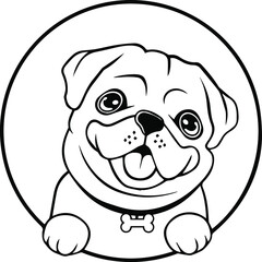 Pug dog black and white hand drawn cartoon portrait. Funny happy smiling pet face design element, icon, logo.