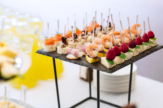 Different light snack appetizer on tray at the table