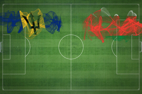 Barbados vs Oman Soccer Match, national colors, national flags, soccer field, football game, Copy space