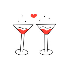 Two glasses with a drink, bubbles and a red heart. Vector isolated illustration in doodle hand drawn style. Happy Valentines Day. Celebration of the event, martini glasses. Declaration of love