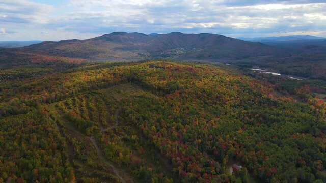 Ragged Mountain Resort and ski area aerial view with fall foliage in town of Danbury, New Hampshire NH, USA. 