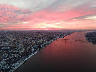 Aerial view of Perm city and river Kama in dusk in winter sunset, urban photography