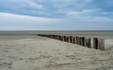 Fototapeta na wymiar Wooden breakwater along the Dutch coast of Ameland