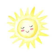 Watercolor cartoon sun on a white background. Card for kids.Watercolour summer illustration